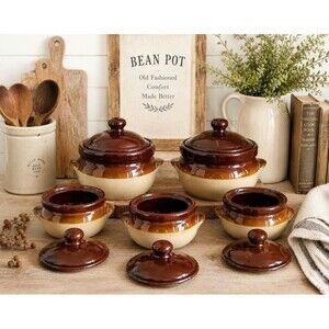 Vintage Stoneware Mini Bean Pot Set of 7 | Brown & Cream Ceramic Soup Crocks wit